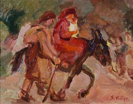 Giorgio Villani 1885-1948 "Fuga in Egitto" cm. 18x24 - olio su tela su tavola...
