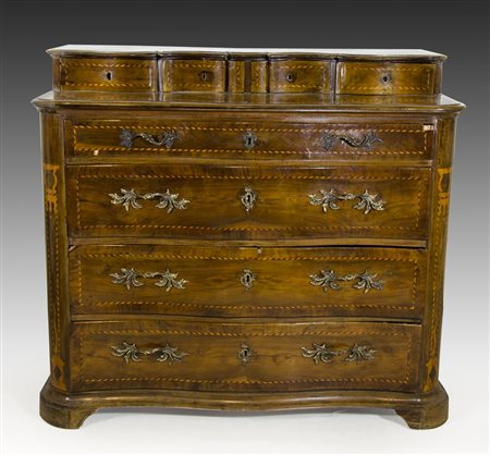 Cassettone a 4 cassetti e alzata con 4 piccoli cassetti, intarsi a...