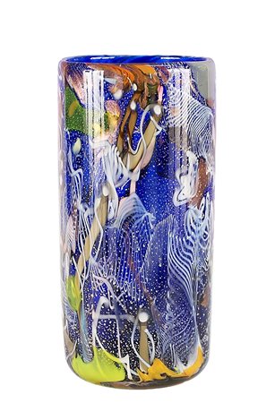 Vaso di forma cilindrica in vetro nella tonalita dell'azzurro con sfumature...