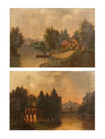Scuola Austriaca del XIX secolo, "Paesaggi", coppia di oli su tela, cm. 47x67.