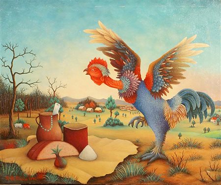 M. di Mimmo (XX secolo), "Paesaggio naif con gallo", olio su tela, cm. 50x60,...