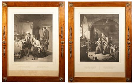 Coppia di stampe del XIX secolo raffiguranti soggetti d'interno entro cornici...