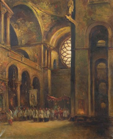 Tito Corbella (Pontremoli 1885 - Roma 1966), "Interno di chiesa", olio su...
