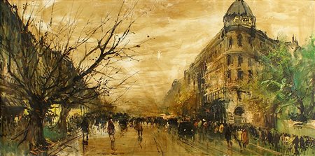 Scuola francese, inizi del XX secolo, "Scorcio di Parigi", olio su tela, cm....