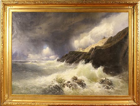 Fritz Staher-Olsen (Danimarca 1858 - 1922), "Mare in tempesta", olio su tela,...