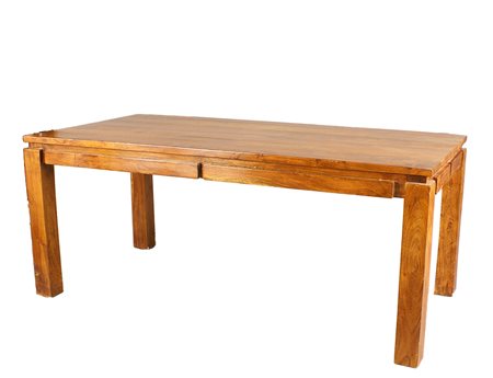 Tavolo etnico allungabile in iroko, piano rettangolare con fascia sottostante...