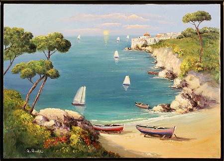 Antonio Anelli (Bari 1941), "Mare d'estate", olio su tela, cm. 50x70, firmato...