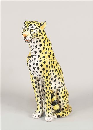 Scultura in ceramica policroma, raffigurante un giaguaro, vecchia...