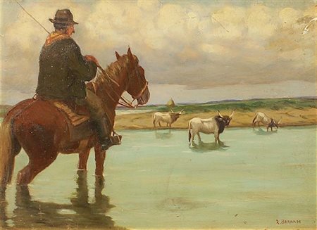 Roberto Berardi (XX secolo), "Buttero a cavallo", olio su tavola, cm. 27x37,...