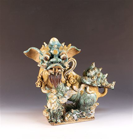 Particolare cane di Pho in maiolica dipinta in policromia, Cina fine del XIX...