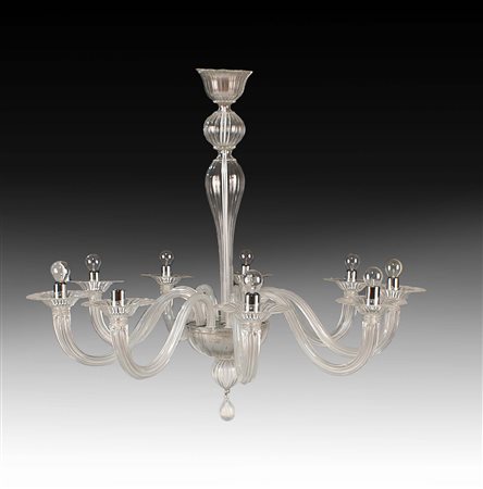 Lampadario Barovier & Toso in vetro trasparente a nove luci, h. cm. 90, d....