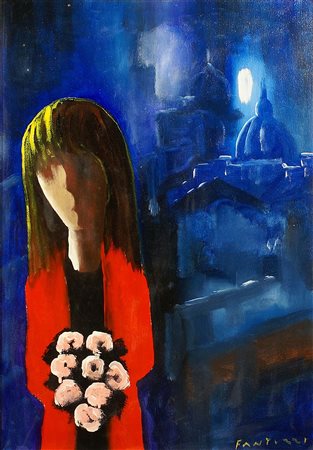 Eliano Fantuzzi (Modena 1909 - Verona 1987), "Ragazza con fiori", olio su...