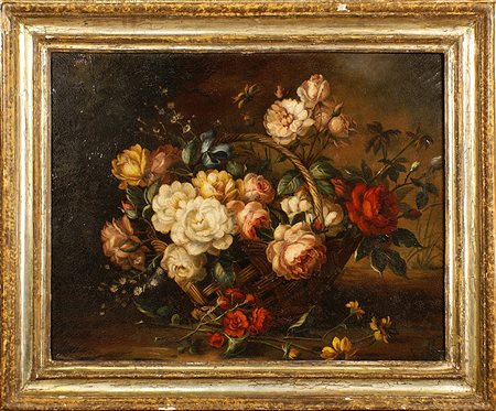 Calzolari (XX secolo), "Natura morta di fiori con cesto", olio su tela, cm....