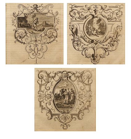 Scuola francese del XVIII secolo, tre acqueforti, soggetti e misure diversi.
