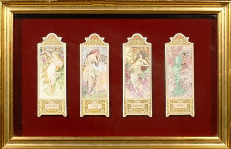 Serie di quattro placche in porcellana dipinta a policromia raffiguranti...