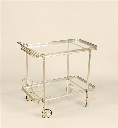 Carrello portavivande in metallo argentato a due piani con relativo...