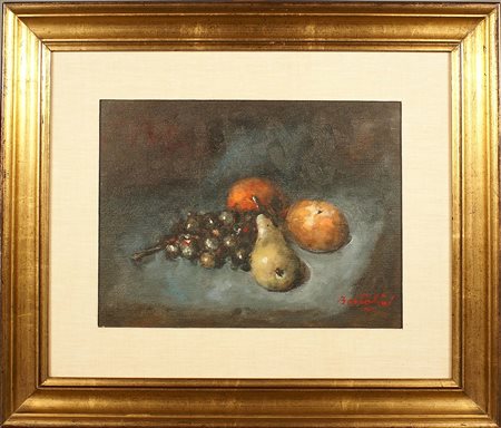Giusepe Bertolini (Roma 1939), "Pera, uva e mandarino", olio su tela, cm....