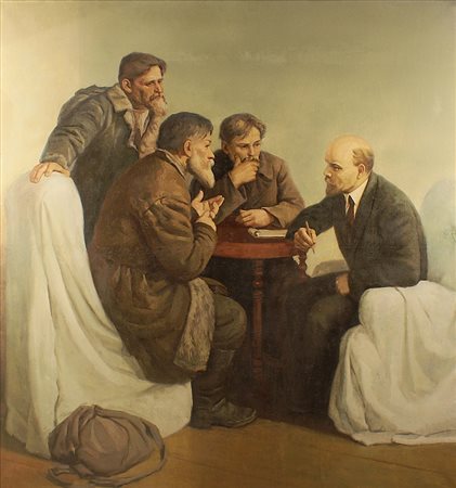 Scuola russa, fine del XIX secolo, "Riunione politica", olio su tela, cm....