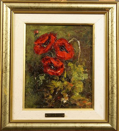 Carmen Amato (XX secolo), "Papaveri", olio su tela, cm. 24x18, firmato e...