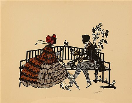 Scuola francese inizio del XX secolo, "Scena galante", silhouette e tecnica...