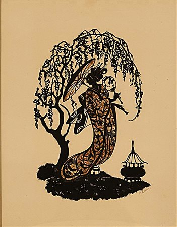 Scuola austriaca, inizio del XX secolo, "Geisha", silhouette e tecnica mista,...