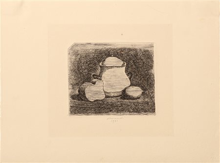 MORANDI GIORGIO (1890 - 1964) Natura morta con zuccheriera, limone e pane....