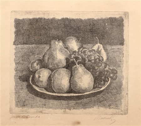 MORANDI GIORGIO (1890 - 1964) Natura morta con pere e uva. 1927. Acquaforte....