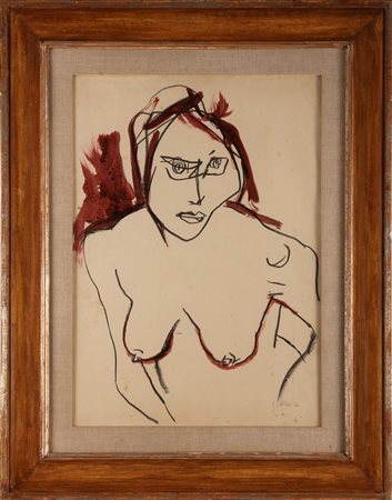 GUTTUSO RENATO (1912 - 1987) Figura. 1962. Tecnica mista su carta su tela. Cm...