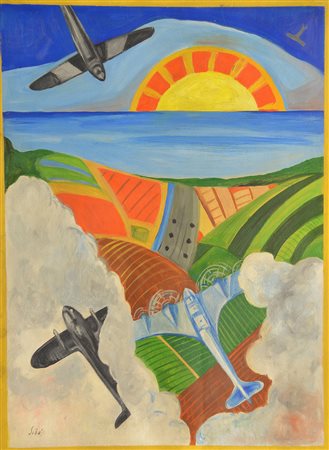 Pierluigi Bossi Aerei in volo sul litorale 1938 tecnica mista 42x57 autentica...