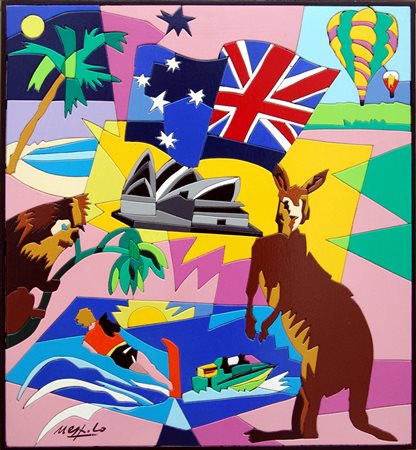 Ugo Nespolo 1941, Mosso (Bi) - [Italia] Australia acrilico su legno 49x46 cm...