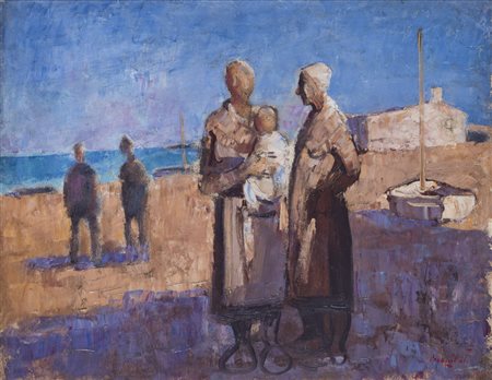 LUIGI BRAMBATI (1925-1983)Incontro sulla spiaggia, 1980Olio su telacm...