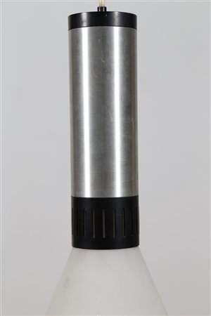 STILNOVO Lampada a sospensione in alluminio e vetro satinato, anni 50....