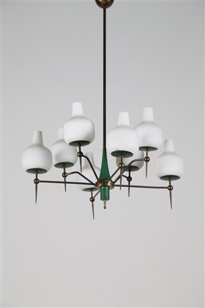 MANIFATTURA ITALIANA Lampadario in metallo laccato ottone e vetro, anni 50....