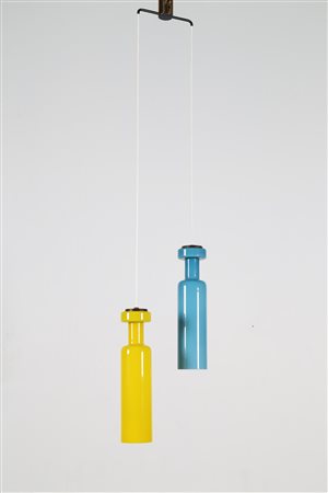 STILNOVO Lampada a sospensione in ottone e metallo con due vetri pendenti...