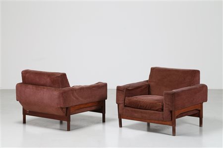 SAPORITI SERGIO Coppia poltrone in legno e tessuto originale, per F.lli...