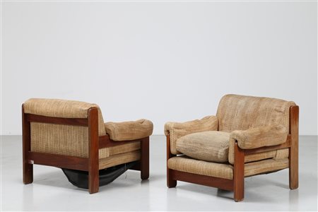 SAPORITI SERGIO Coppia poltrone in legno e tessuto originale, per F.lli...