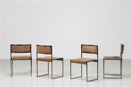 REGA ROMEO Quattro sedie in metallo cromato, ottone e pelle scamosciata, anni...