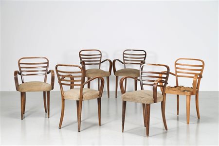 THONET, VIENNA Sei poltroncine in legno e tessuto originale, anni 40. -. Cm...