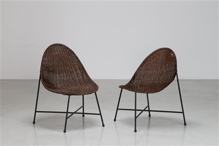 MANIFATTURA ITALIANA Coppia di poltroncine in tondino di ferro e midollino,...