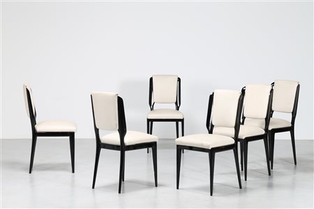 MANIFATTURA ITALIANA Sei sedie in legno laccato nero e sky, anni 60. -. Cm...