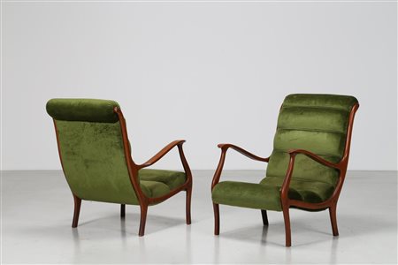 LONGHI EZIO Coppia di poltrone in legno e tessuto mod. Mitzi per Elam anni 50...