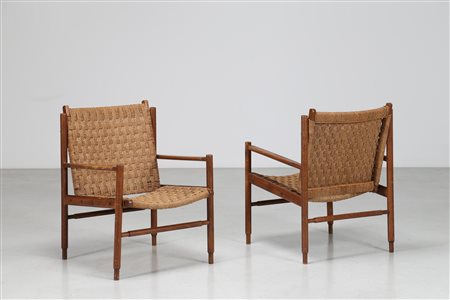 MANIFATTURA ITALIANA Coppia di sedie in legno e corda, anni 50. -. Cm 58,00 x...