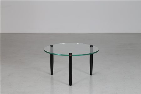 MANIFATTURA ITALIANA Tavolino in legno laccato con piano in cristallo, anni...
