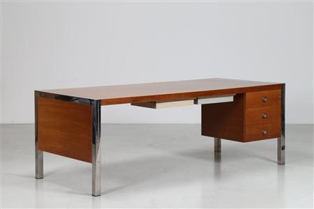 SOTTSASS ETTORE (1917 - 2007) Scrivania in metallo cromato e noce, Poltronova...