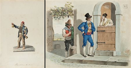 Lotto composto da due acquerelli del secolo XIX raffiguranti banditore di...