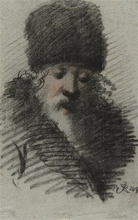 Firma indecifrata "Uomo con turbante" pastelli colorati su carta (mm 320x200)...