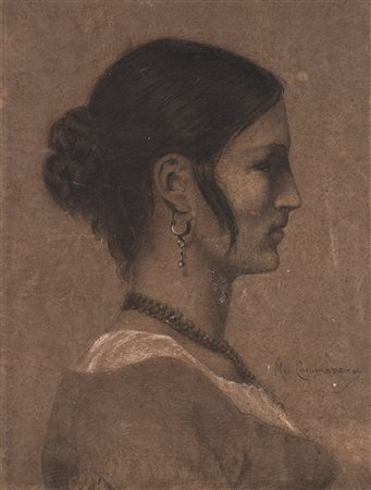 Michele Cammarano (Napoli 1835 - 1920)"Profilo femminile" carboncino e rialzi...