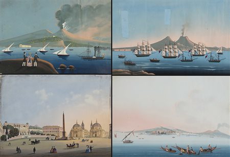 Scuola napoletana, fine secolo XIX. Lotto composto da quattro gouaches di...