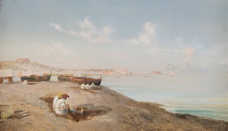 Scuola del secolo XIX "Scorcio napoletano con pescatori" acquerello su carta...