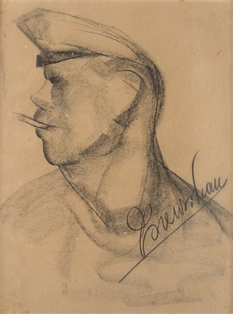 Lorenzo Viani (Viareggio 1882 - Lido Di Ostia 1936)"Uomo che fuma" carboncino...